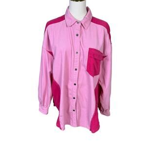 Fantastic Fawn Pink Shacket Patchwork Cotton Button Up Shirt US Womens L